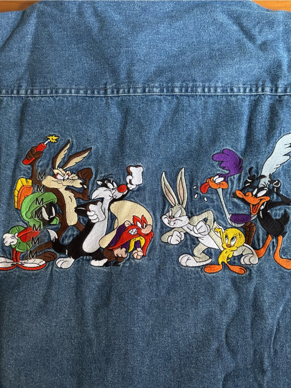 Warner Bros. Vintage Denim Button-Down Shirt with Embroidered Looney Tunes Cast